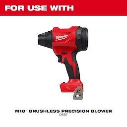 Milwaukee M18 Brushless Precision Blower model 0887 compatible with Inlet Filter, featuring a red and black ergonomic design with a nozzle for precise airflow control.