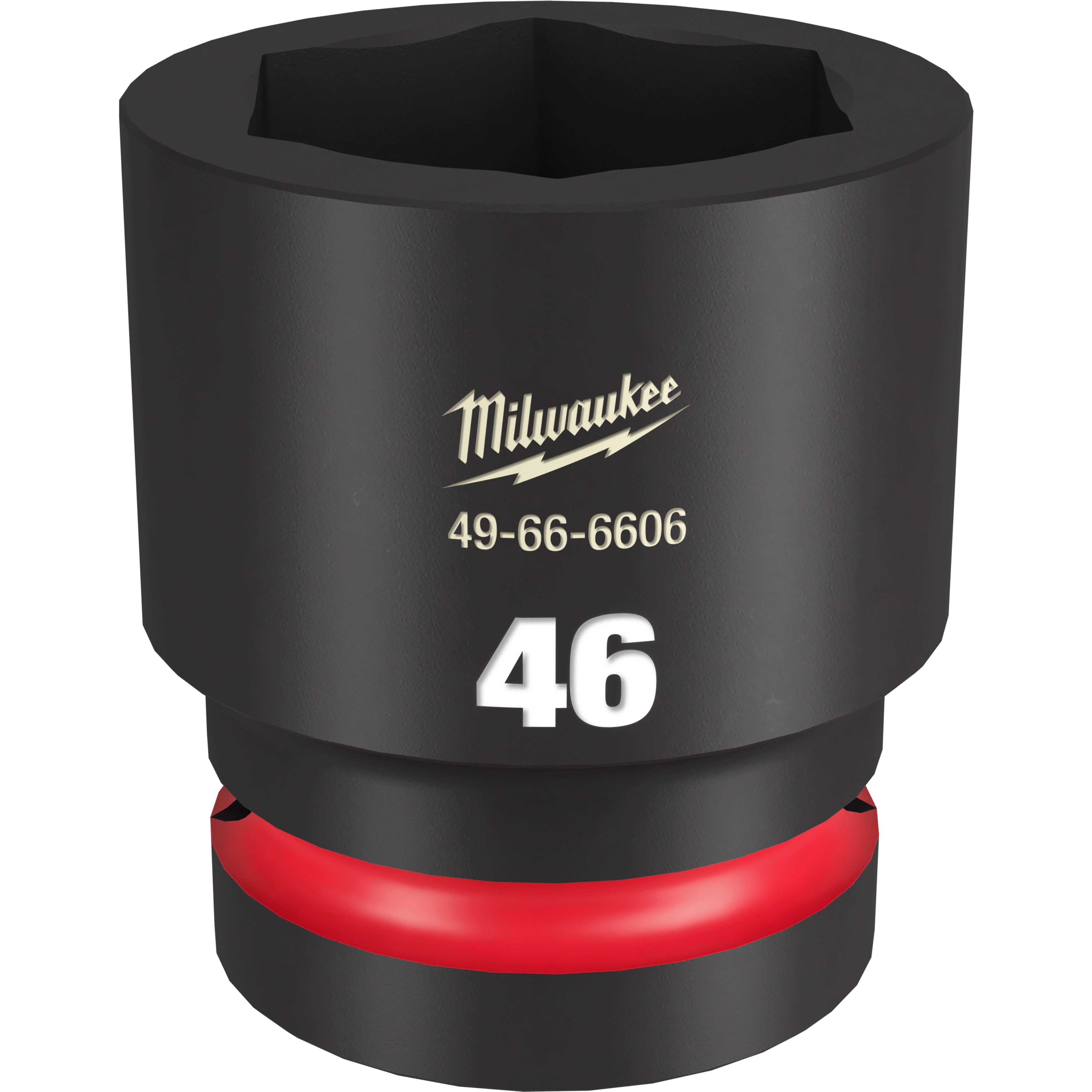 1” DR 46MM STD Impact Socket by Milwaukee. Black socket with red ring, labeled 49-66-6606 and 46 in white text.
