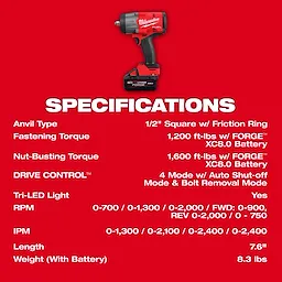 Image of an M18 FUEL™ 1/2" High Torque Impact Wrench with Friction Ring, accompanied by specifications. It highlights torque ratings, RPM, IPM, and battery details. The red and black wrench is shown above the text. The specifications list includes fastening and nut-busting torque, drive control, and lighting.