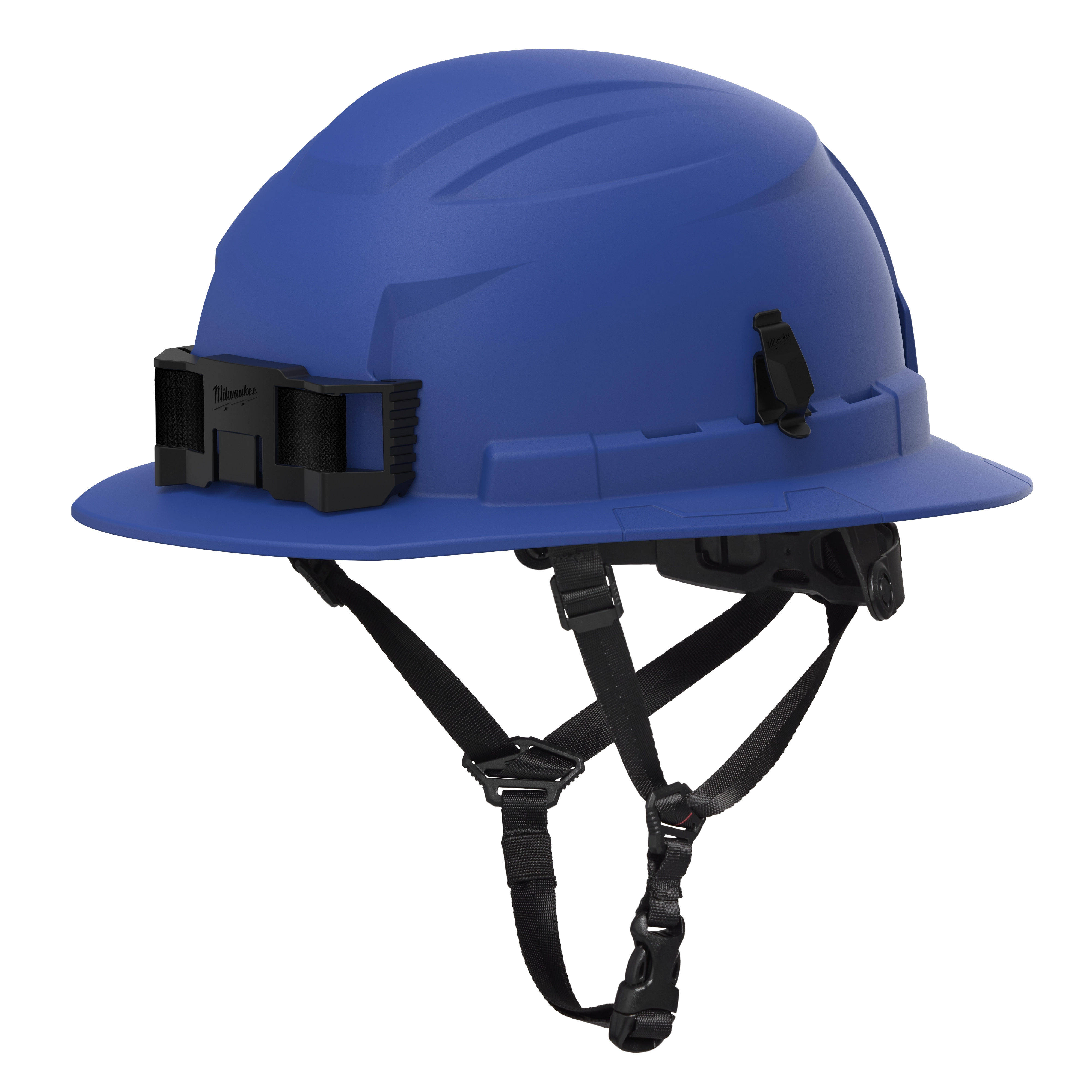 The BOLT™ Blue Full Brim Safety Helmet w/ 4pt Ratcheting Suspension – Type 2, Class E features a durable blue shell, chin straps, and a 4-point adjustable suspension system, providing secure fit and extensive protection in various industrial environments.