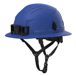 The BOLT™ Blue Full Brim Safety Helmet w/ 4pt Ratcheting Suspension – Type 2, Class E features a durable blue shell, chin straps, and a 4-point adjustable suspension system, providing secure fit and extensive protection in various industrial environments.