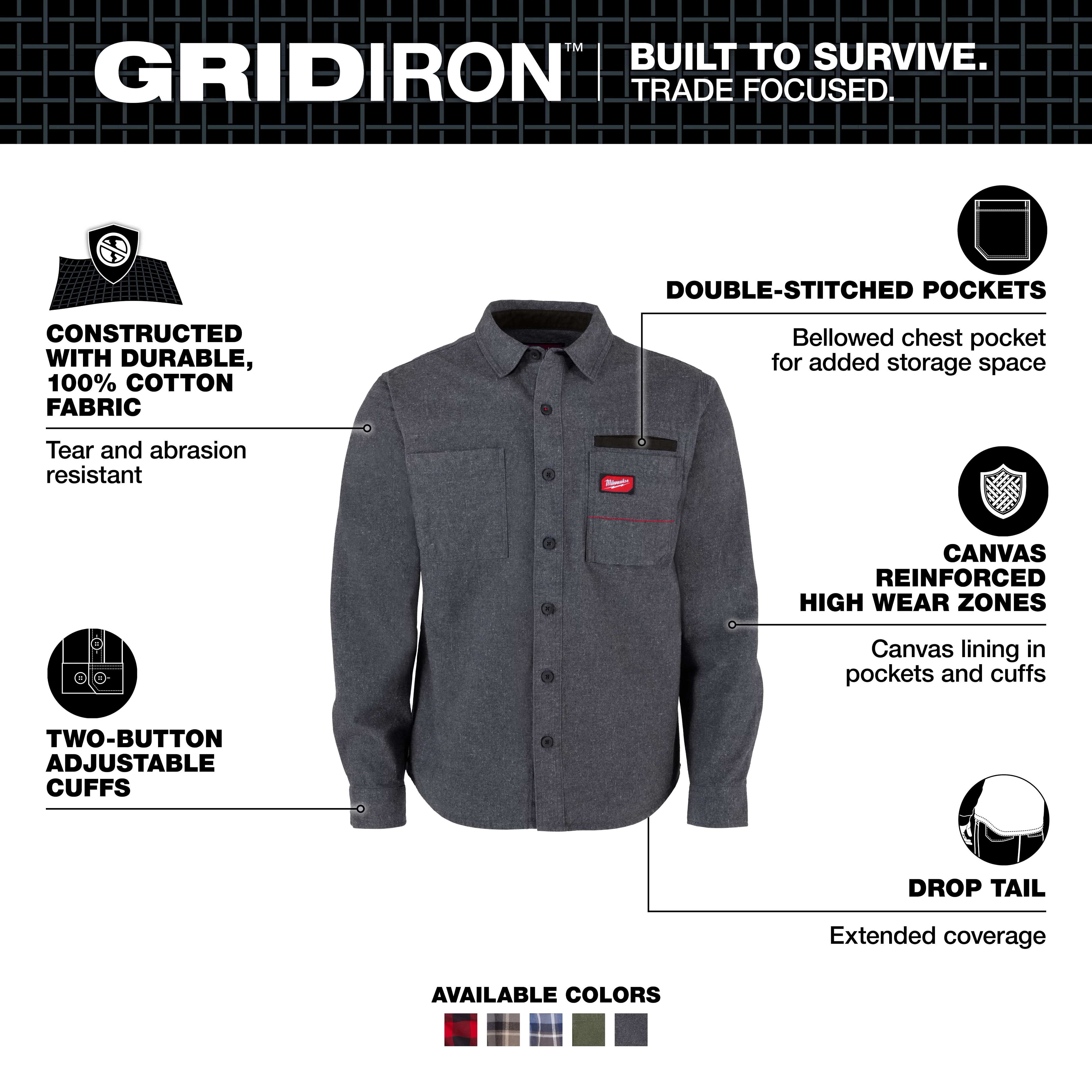 GRIDIRON Flannel Shirt displayed front-facing with chest pocket, button front, and adjustable cuffs.
