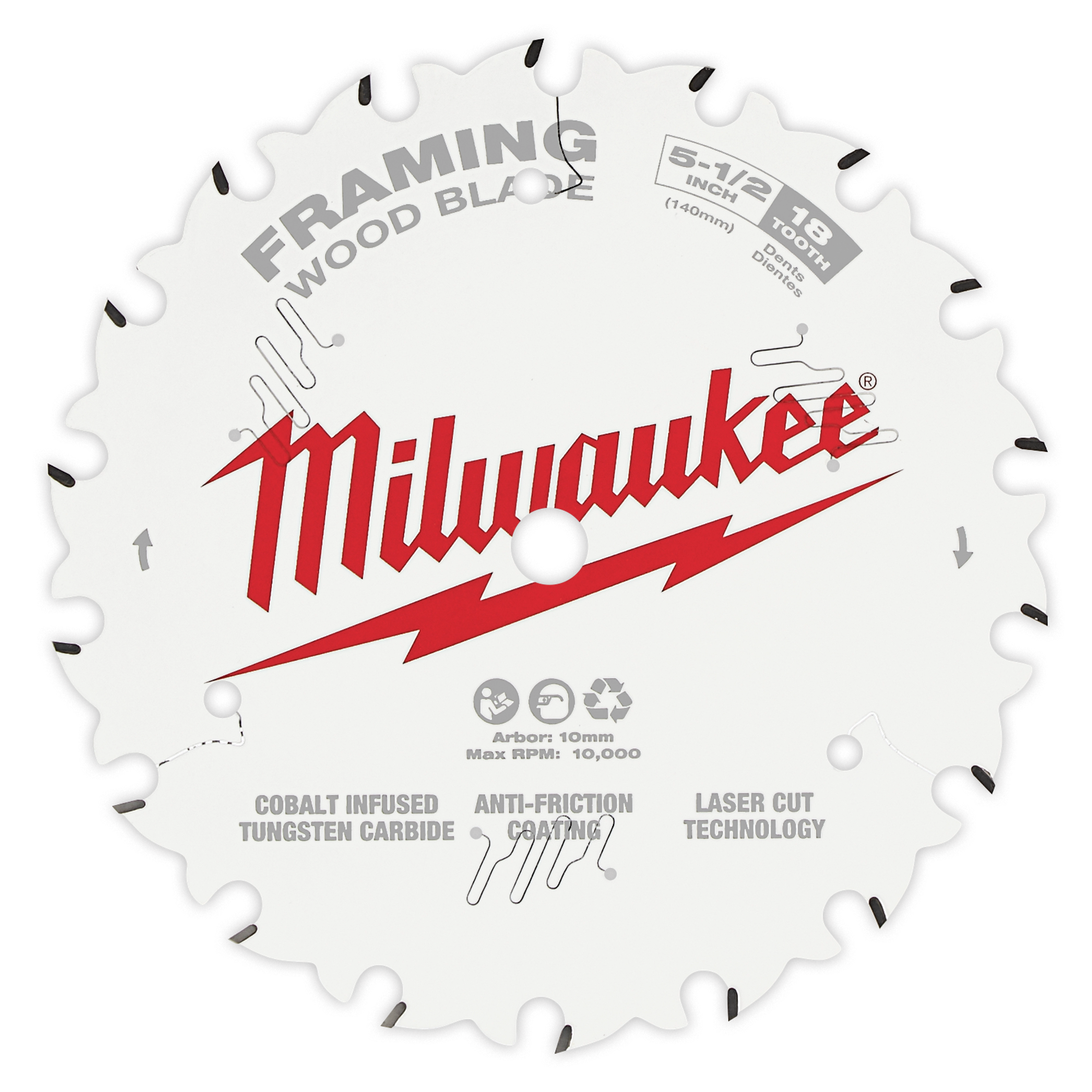 Milwaukee Circular Saw Blade designed for framing wood, featuring cobalt infused tungsten carbide, anti-friction coating, and laser cut technology.