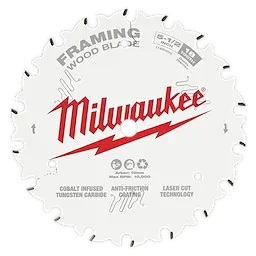 Milwaukee Circular Saw Blade designed for framing wood, featuring cobalt infused tungsten carbide, anti-friction coating, and laser cut technology.