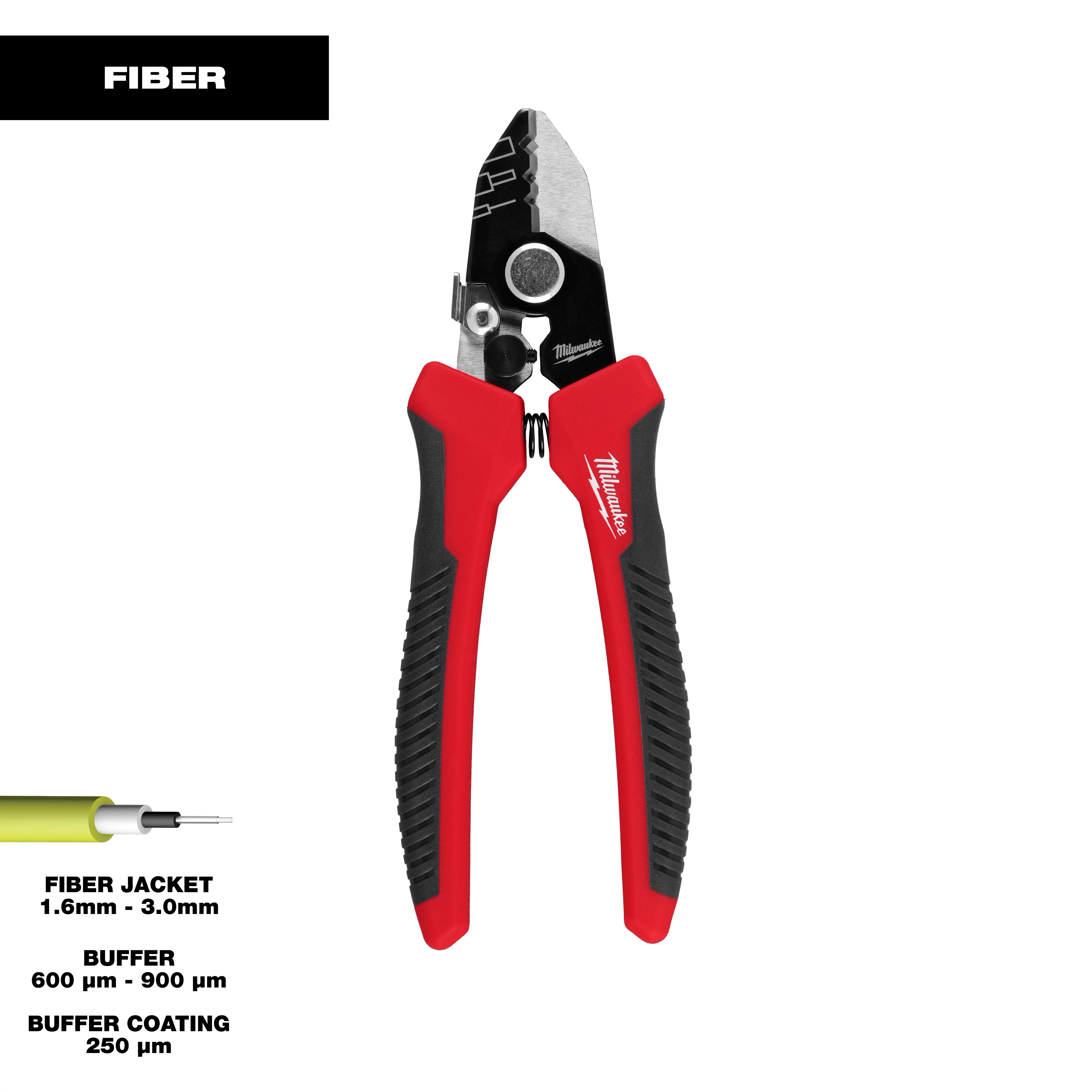 The image shows a Milwaukee Tri-Hole Fiber Stripper with red and black handles designed for stripping fiber jackets, buffers, and buffer coatings of various diameters. Specifications for stripping sizes are also included on the image.