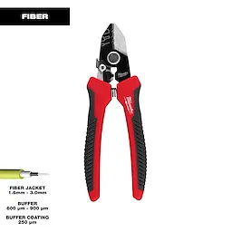 The image shows a Milwaukee Tri-Hole Fiber Stripper with red and black handles designed for stripping fiber jackets, buffers, and buffer coatings of various diameters. Specifications for stripping sizes are also included on the image.