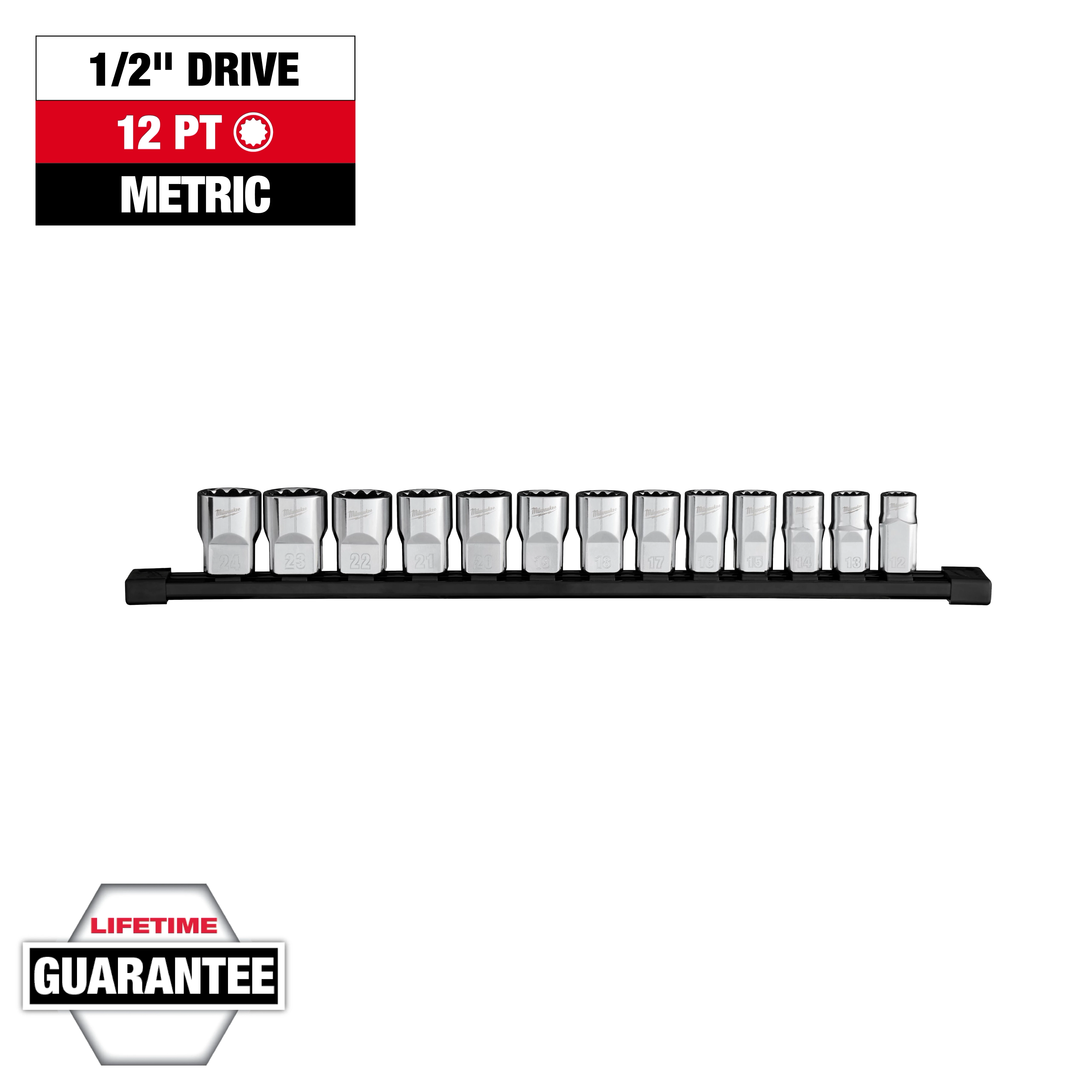Image of the 13pc 1/2” Drive 12-Point Metric Socket Set shows 13 sockets arranged sequentially on a black holder. The sockets are chrome-colored and labeled with size numbers. Text overlays include "1/2" Drive 12 PT Metric," and "Lifetime Guarantee" in the corners.
