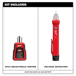 Red Voltage Detector and GFCI Receptacle Tester; kit includes 2 AAA batteries.
