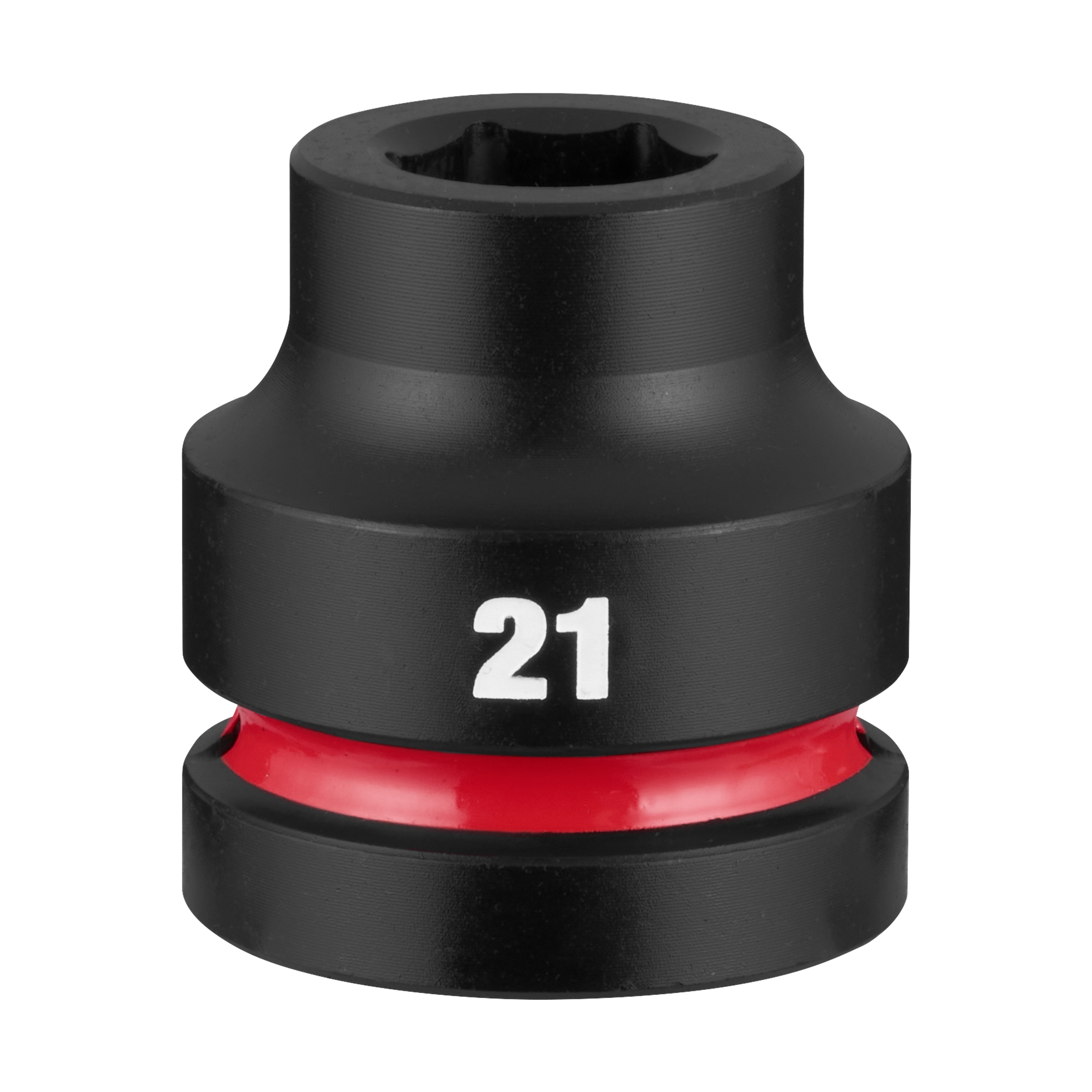 SHOCKWAVE Impact Duty 1" Drive 21mm Standard 6 Point Socket standing upright with 21 marking and red band.