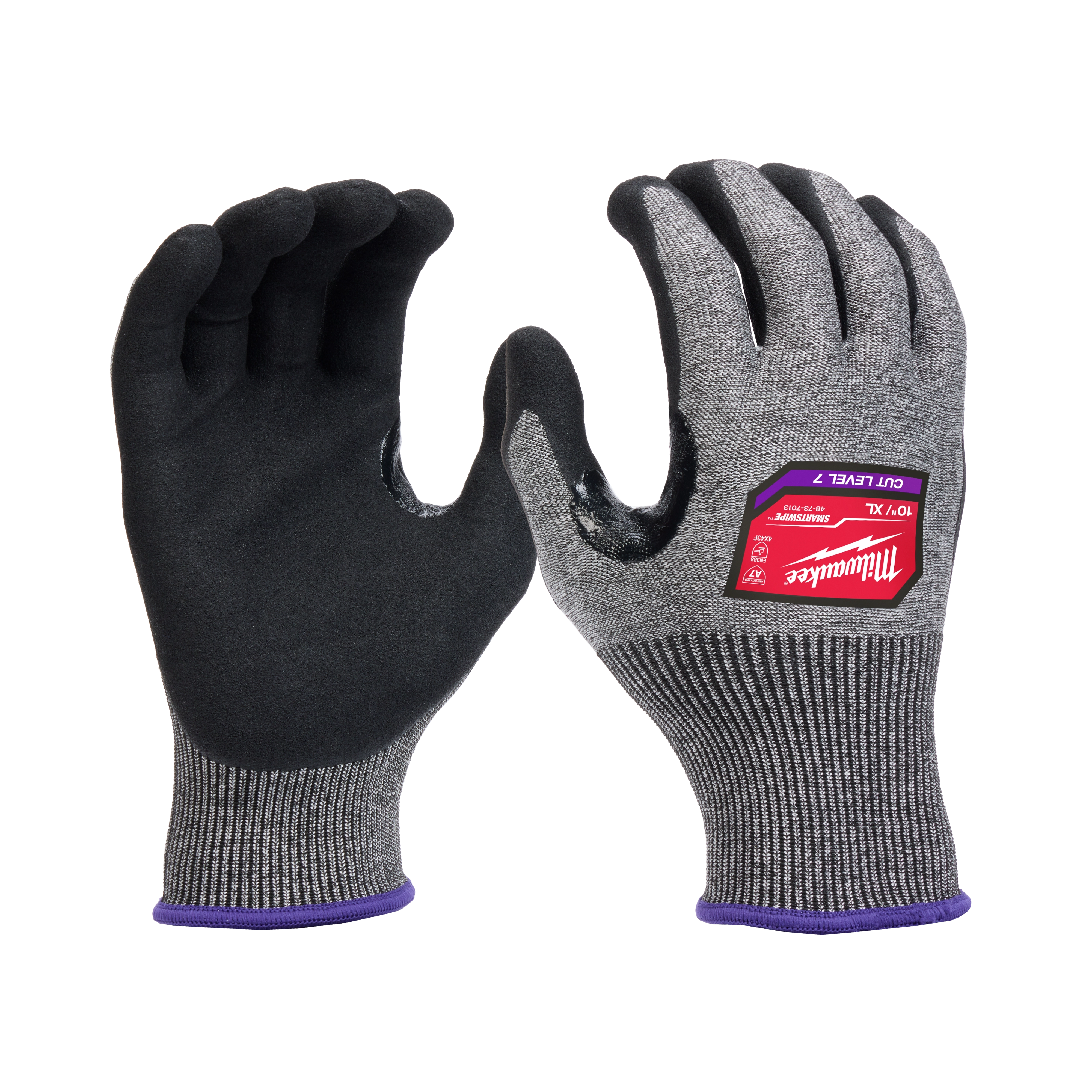 Cut Level 7 High-Dexterity Nitrile Dipped Gloves - XL. Grey gloves with black palms and red label, displayed palm up and down.