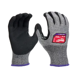 Cut Level 7 High-Dexterity Nitrile Dipped Gloves - XL. Grey gloves with black palms and red label, displayed palm up and down.