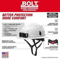 BOLT 4PT Full Brim Non-Vented Safety Helmet - Type 2, Class E in white with features like headlamp mount, marker clip, and adjustable ratchet.