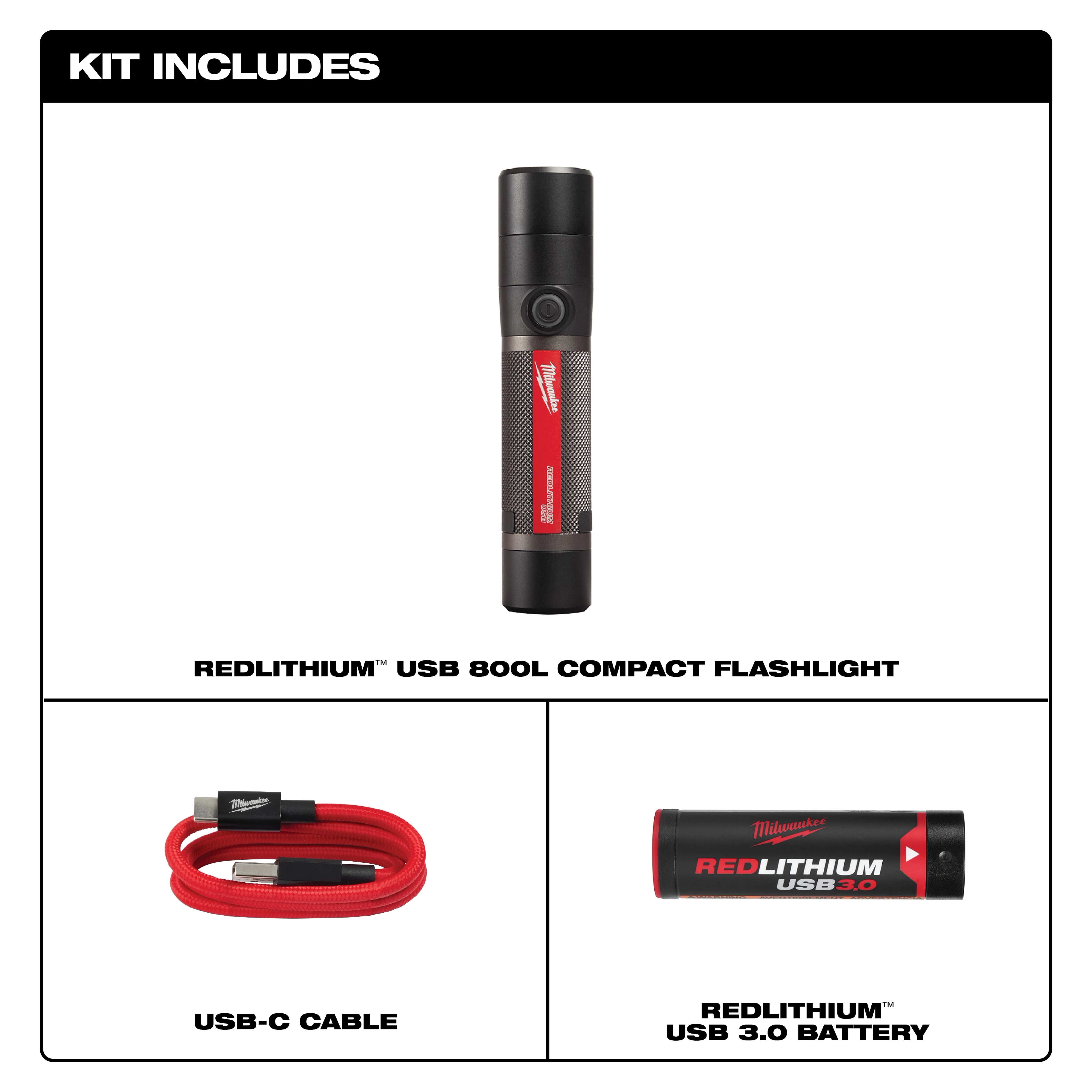 USB Rechargeable 800L Compact Flashlight kit includes the flashlight, a red USB-C cable, and a USB 3.0 battery.