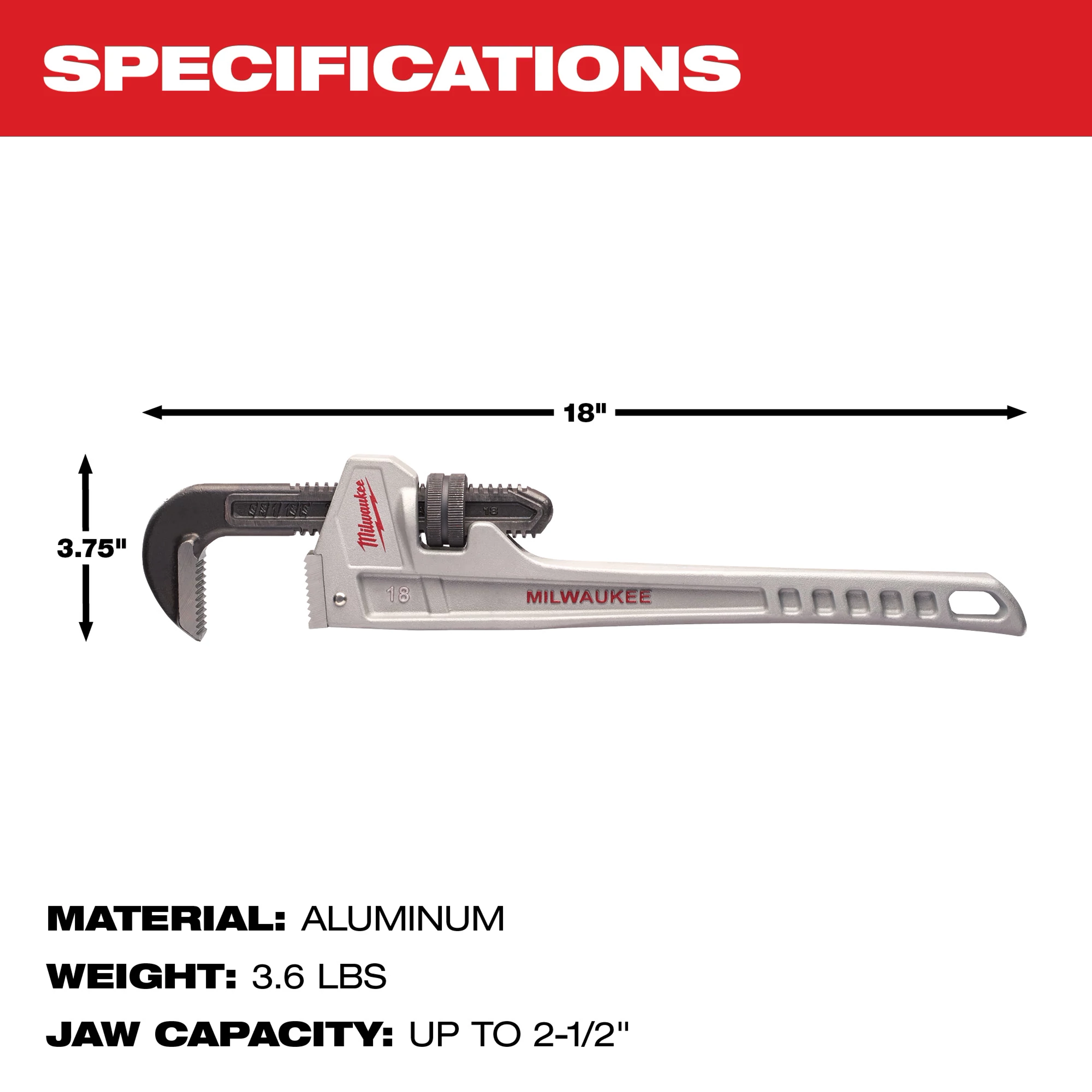 Milwaukee 18-inch aluminum pipe wrench is displayed with its specifications. It weighs 3.6 lbs, has a jaw capacity of up to 2.5 inches, and measures 18 inches in length and 3.75 inches in height.