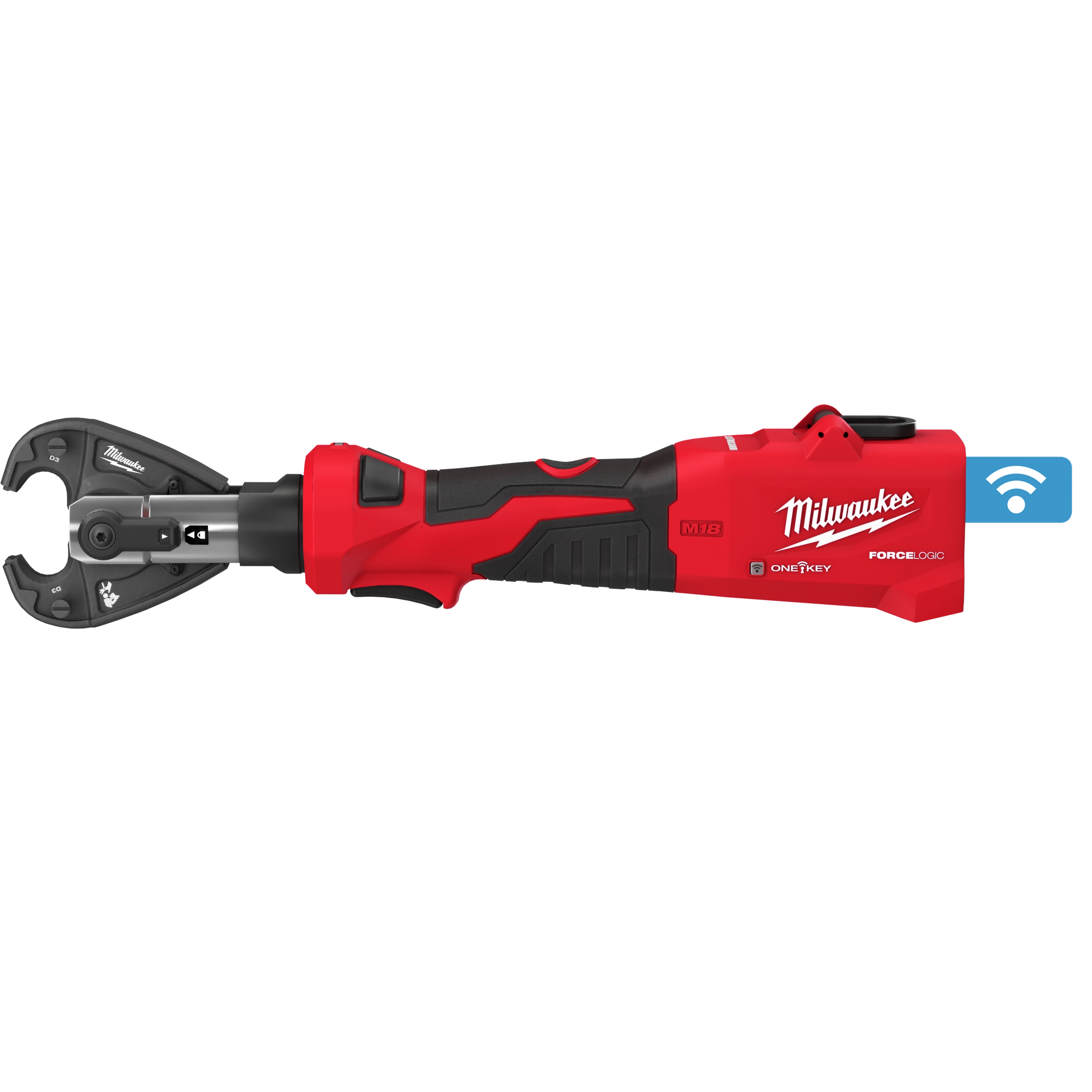 The image shows a Milwaukee M18™ FORCE LOGIC™ 6T Linear Utility Crimper with a Snub Nose Jaw. The tool is red and black with a compact design and Wi-Fi connectivity, suitable for crimping electrical connections.