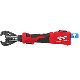 The image shows a Milwaukee M18™ FORCE LOGIC™ 6T Linear Utility Crimper with a Snub Nose Jaw. The tool is red and black with a compact design and Wi-Fi connectivity, suitable for crimping electrical connections.