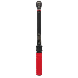 3/8” Drive Click Torque Wrench (20-100 FT-LBS) with a red handle and black shaft. Clear markings indicate torque measurement. It features a click mechanism for precise tightening in automotive and mechanical applications.