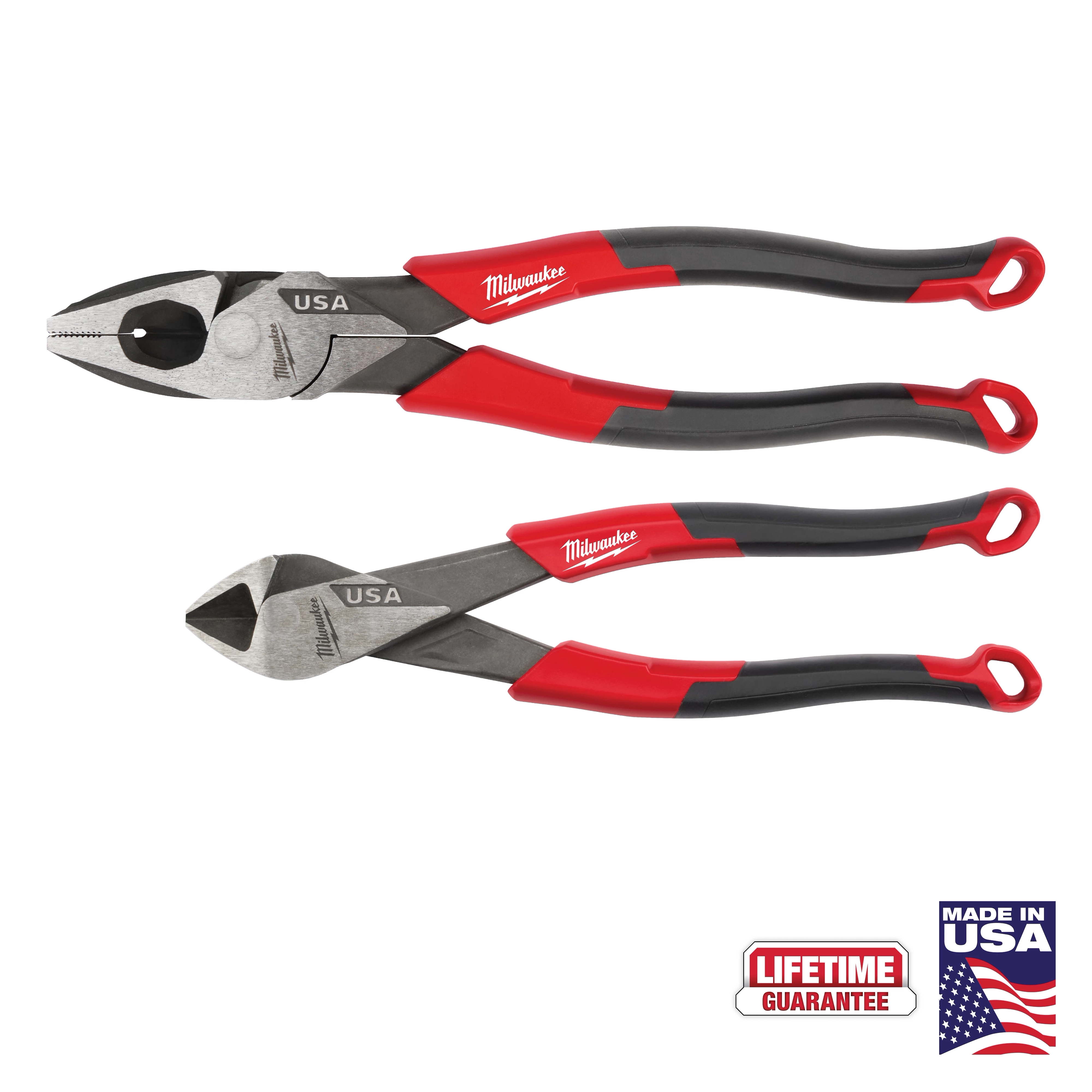 2 PC. Comfort Grip Cutting Pliers Set (USA) with two red and black pliers and USA and lifetime guarantee labels.