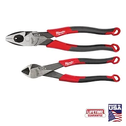 2 PC. Comfort Grip Cutting Pliers Set (USA) with two red and black pliers and USA and lifetime guarantee labels.