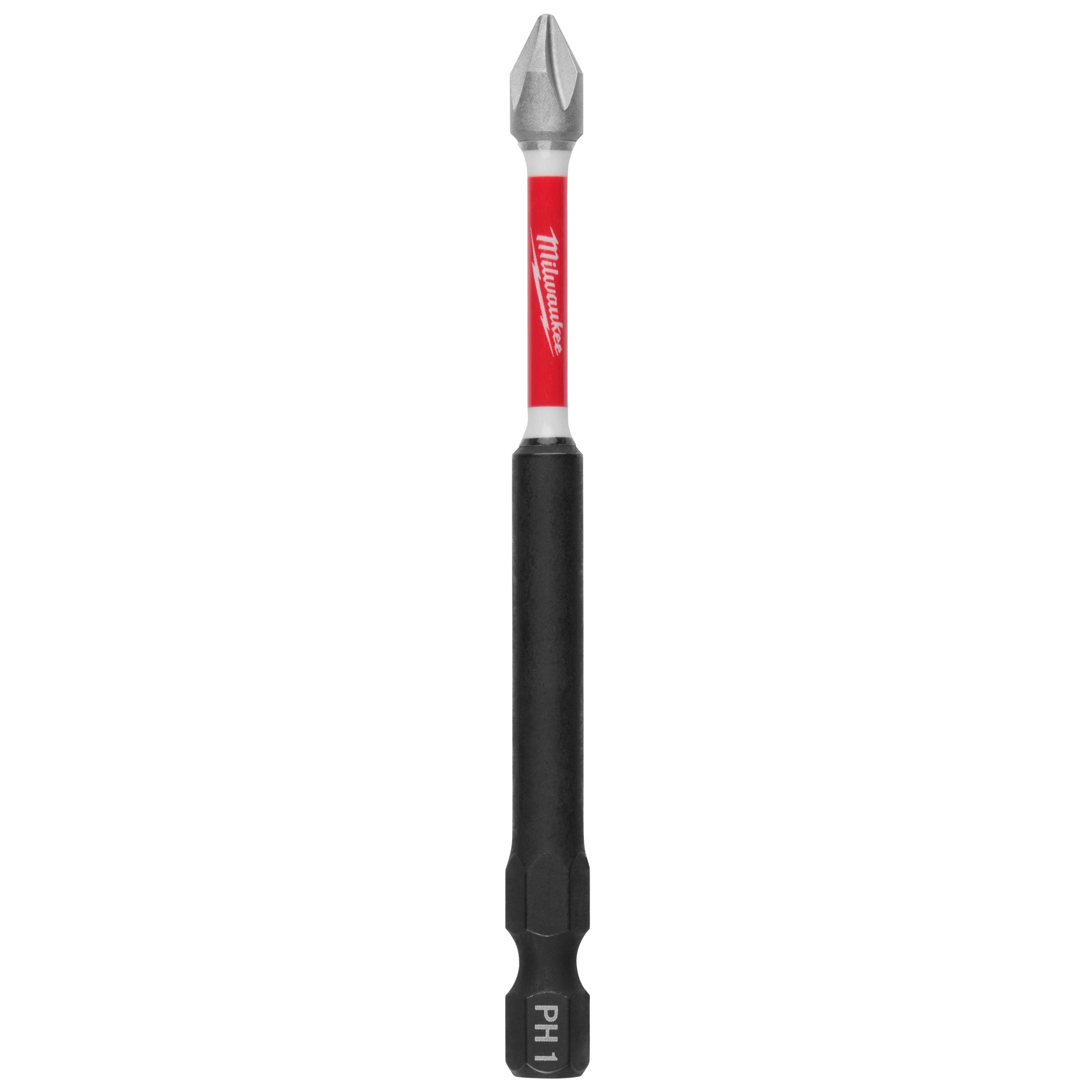 The image shows a SHOCKWAVE™ 3-1/2" Impact Phillips #1 Power Bit. It has a red shaft with the Milwaukee logo, a silver Phillips head, and a black base labeled "PH1".