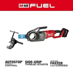 The M18 FUEL™ Pipe Threader w/ ONE-KEY™ is a red and gray cordless tool with a handle, threading head, and a vise. It features AUTOSTOP™ kickback control, side-grip thread starts, and operates faster than corded versions.