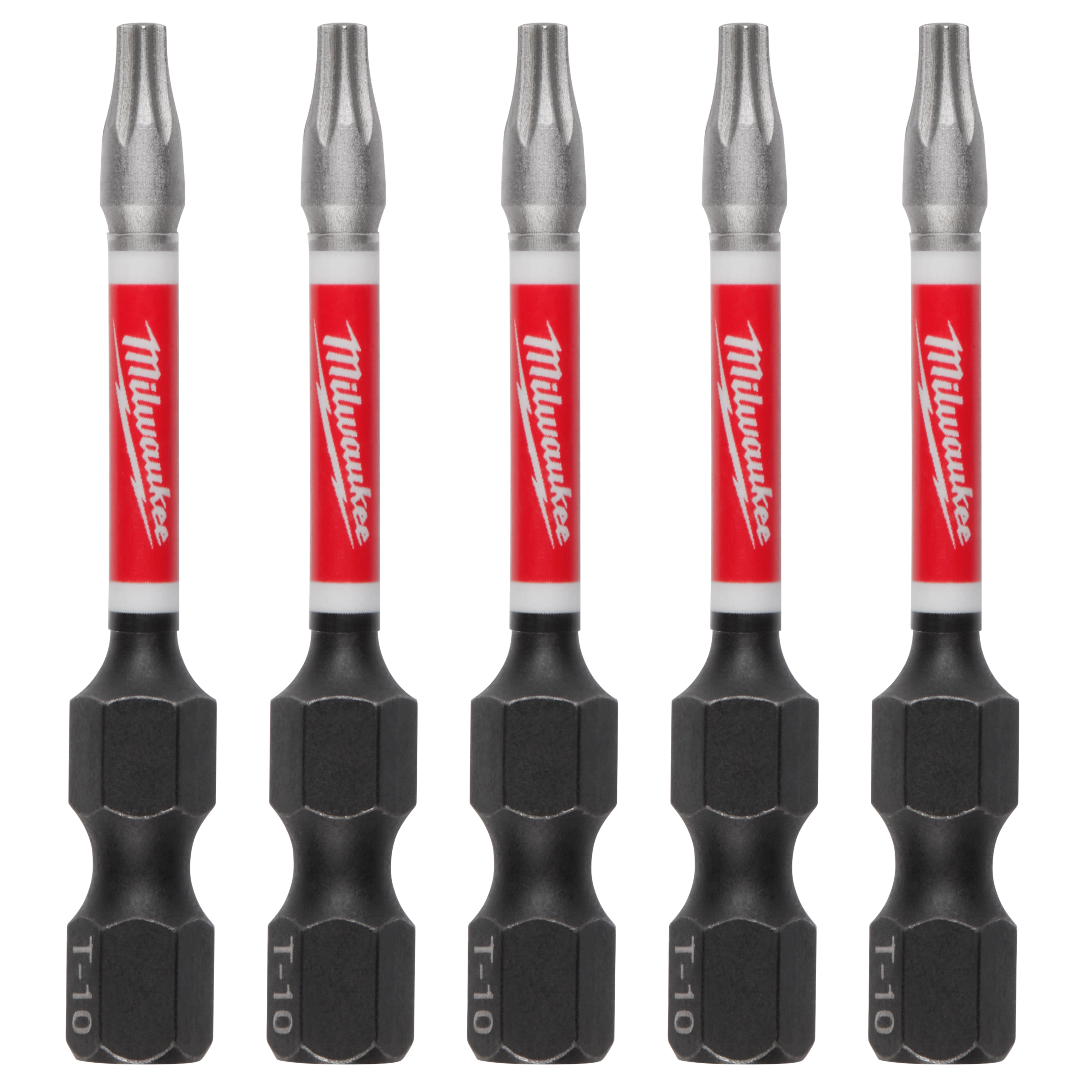 The image shows five SHOCKWAVE™ 2" Impact TORX® T10 Power Bits (5 PK) by Milwaukee with red and white labels, gray tips, and black hexagonal bases labeled T-10.