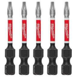 The image shows five SHOCKWAVE™ 2" Impact TORX® T10 Power Bits (5 PK) by Milwaukee with red and white labels, gray tips, and black hexagonal bases labeled T-10.