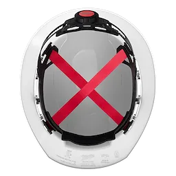 BOLT White Full Brim Hard Hat with a 4-point Ratcheting Suspension (USA) - Type 1, Class E is shown from above, highlighting the red suspension system and adjustable ratcheting mechanism.