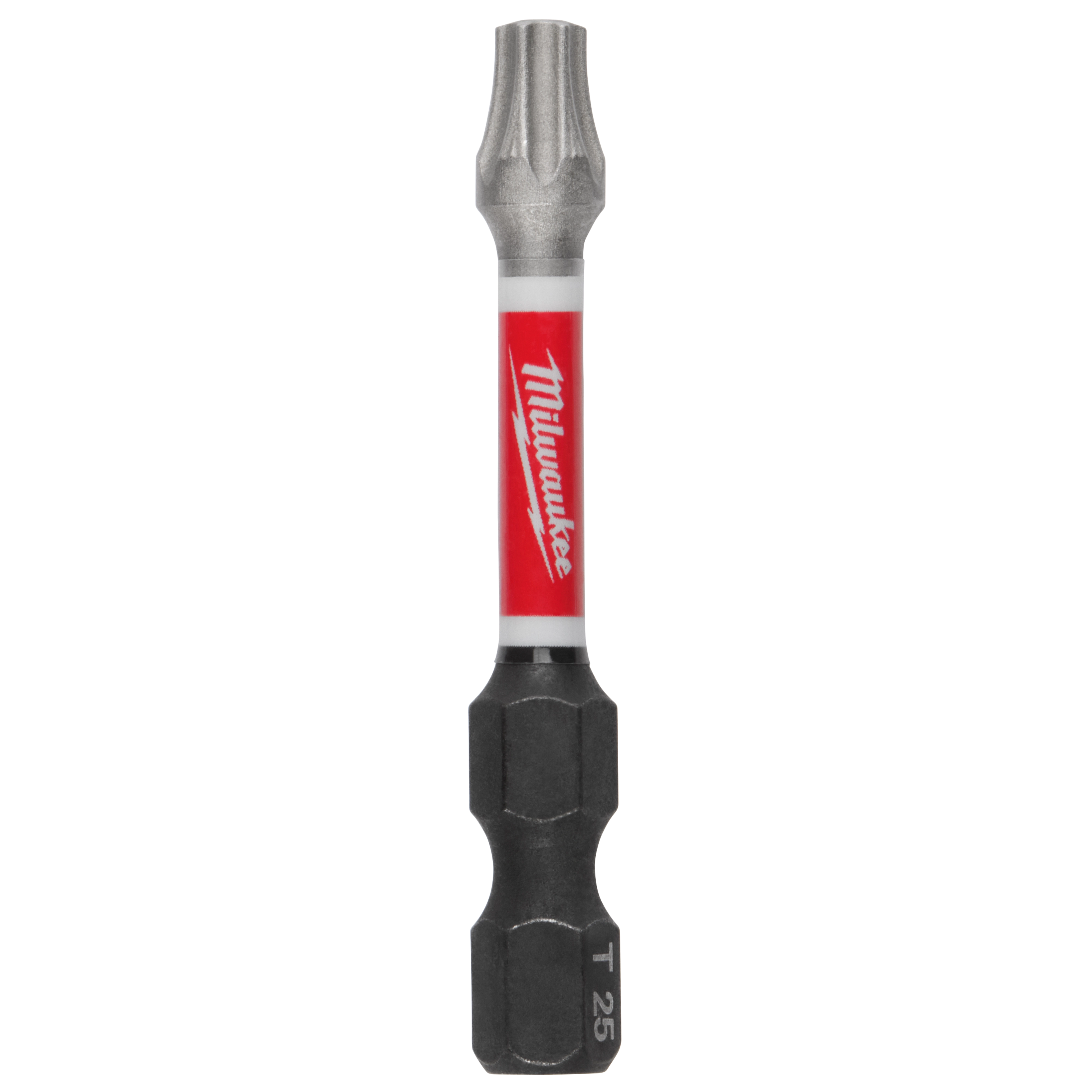 This image shows a SHOCKWAVE™ 2" Impact Duty TORX® T25 Power Bit. The bit has a red and silver shaft with the brand name Milwaukee on it, and a T25 tip designed for impact-duty performance.