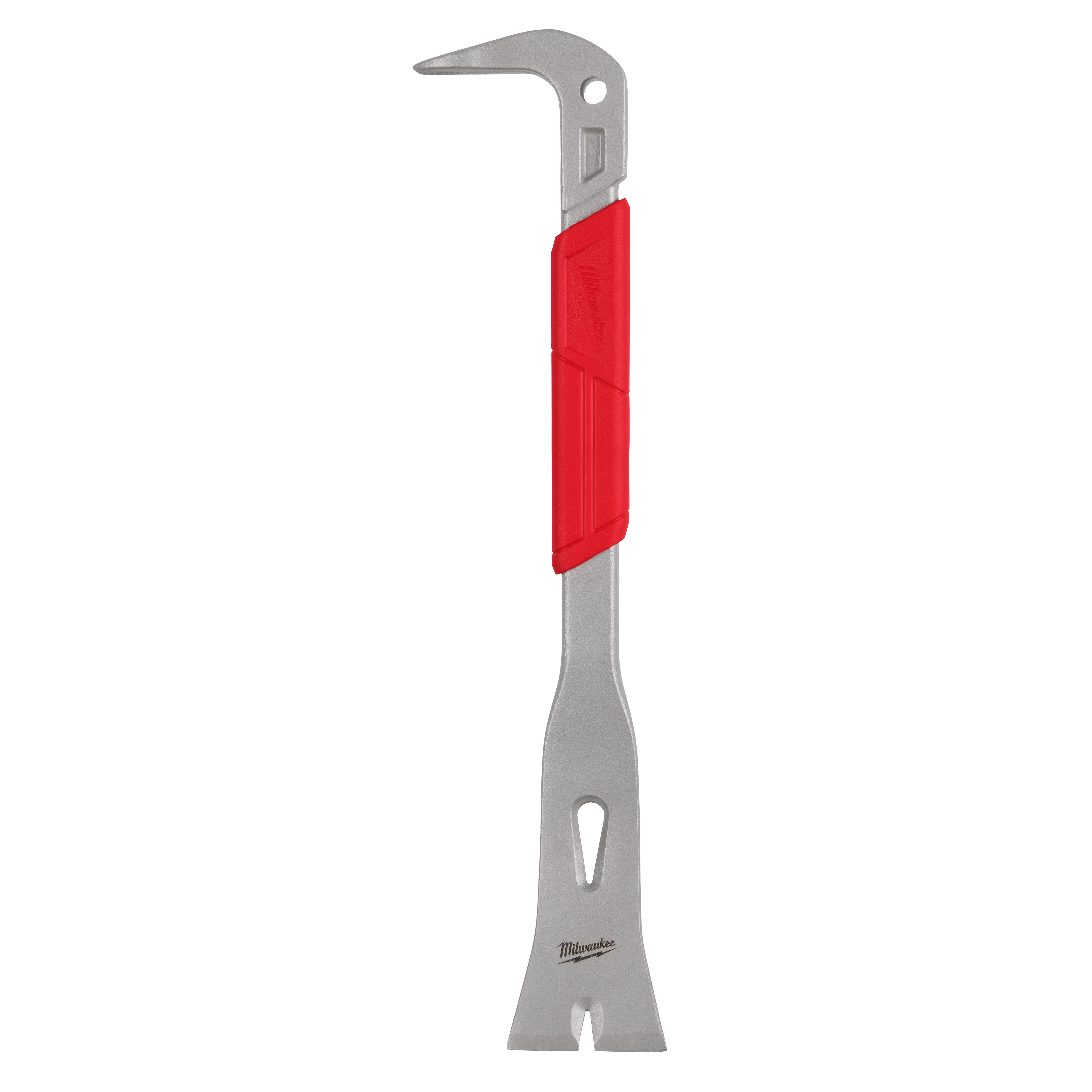Milwaukee 16" Molding Puller with gray metal body and a red grip. The tool features a hooked end with a small hole, opposite a flat end with a slot. Designed for removing molding and trim.
