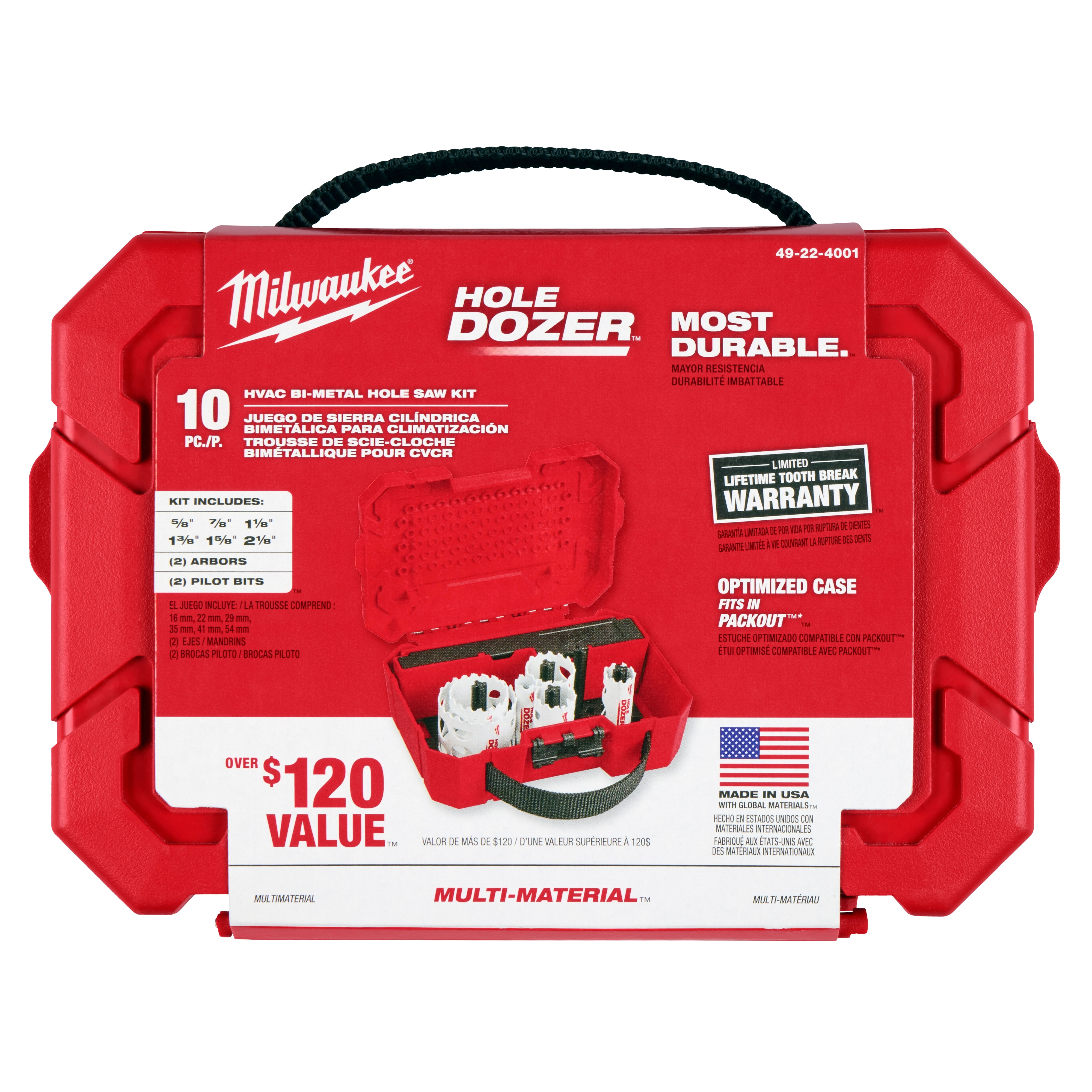 Red Milwaukee Hole Dozer case containing a 10-piece HVAC bi-metal hole saw kit. Features include over $120 value, most durable, and made in the USA with a lifetime tooth break warranty. The case is optimized to fit in a PACKOUT system and includes saws and drill bits.