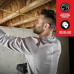 WORKSKIN Lightweight Performance Shirt - Long Sleeve, shown worn by a person measuring wood with a tape measure. Features forward shoulder design and UPF 50+ sun protection.