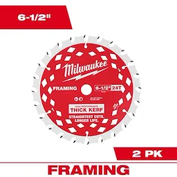 6-1/2” 24T Thick Kerf Framing Circular Saw Blade with alternating teeth and printed text in a 2 pack layout.