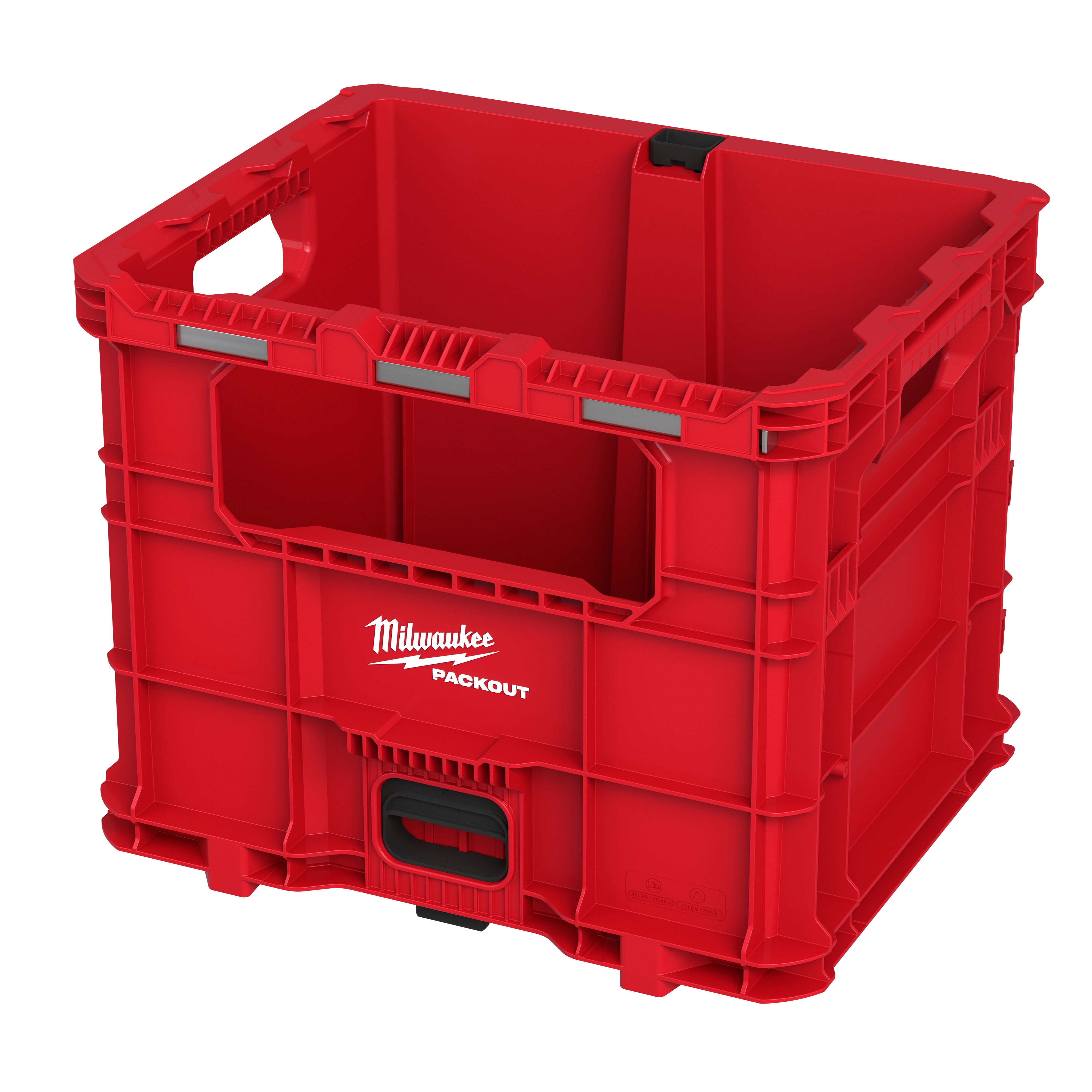 Red PACKOUT XL Crate with durable construction and black handle, featuring the Milwaukee logo on the front.