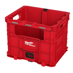 Red PACKOUT XL Crate with durable construction and black handle, featuring the Milwaukee logo on the front.