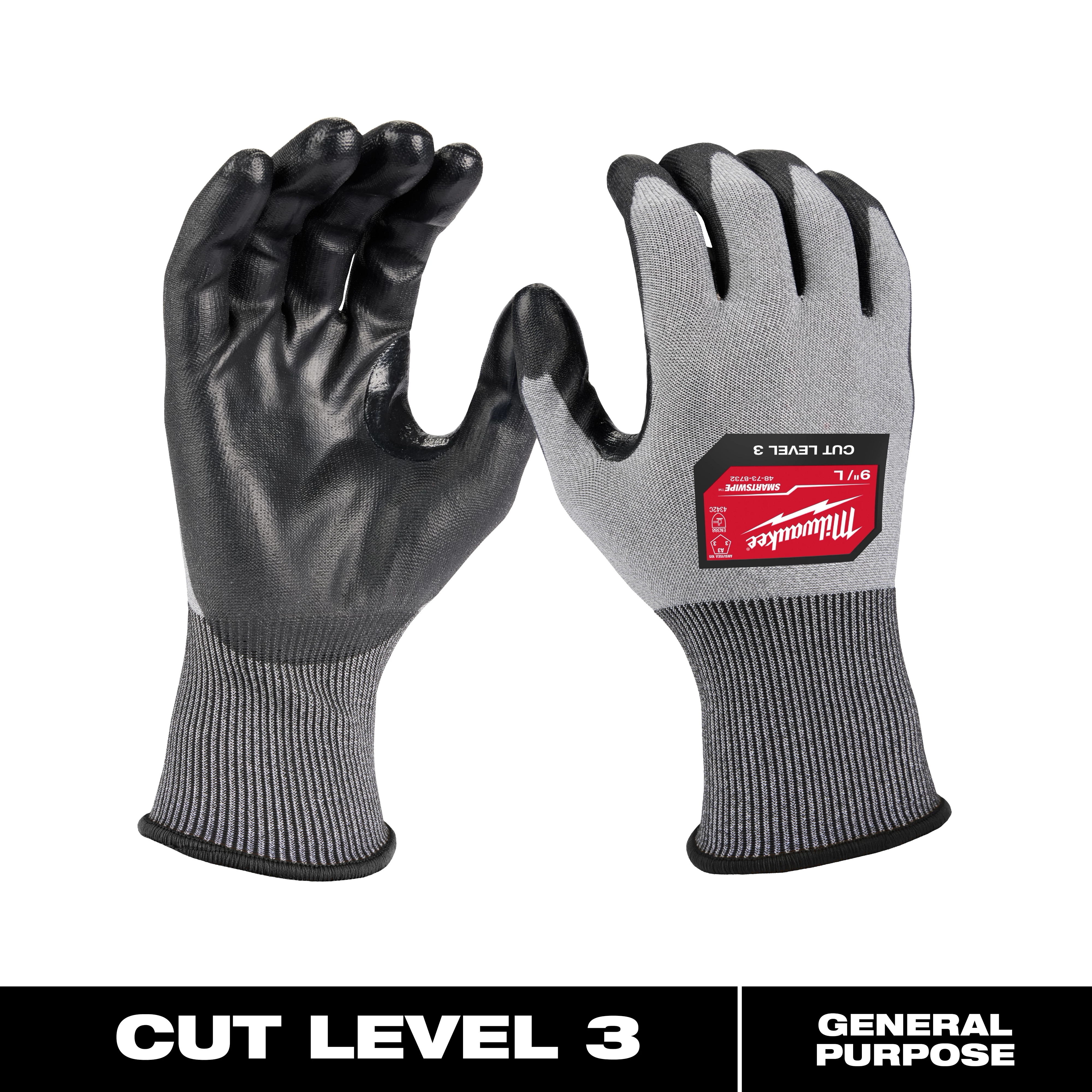 Cut Level 3 High-Dexterity Polyurethane Dipped Gloves are grey with black palms and fingers, and feature an ANSI Cut Level A3 rating.