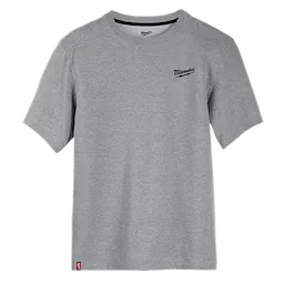 Gray short-sleeve Milwaukee work shirt. FREEFLEX Hybrid Work Tee with Milwaukee logo on the front left chest.