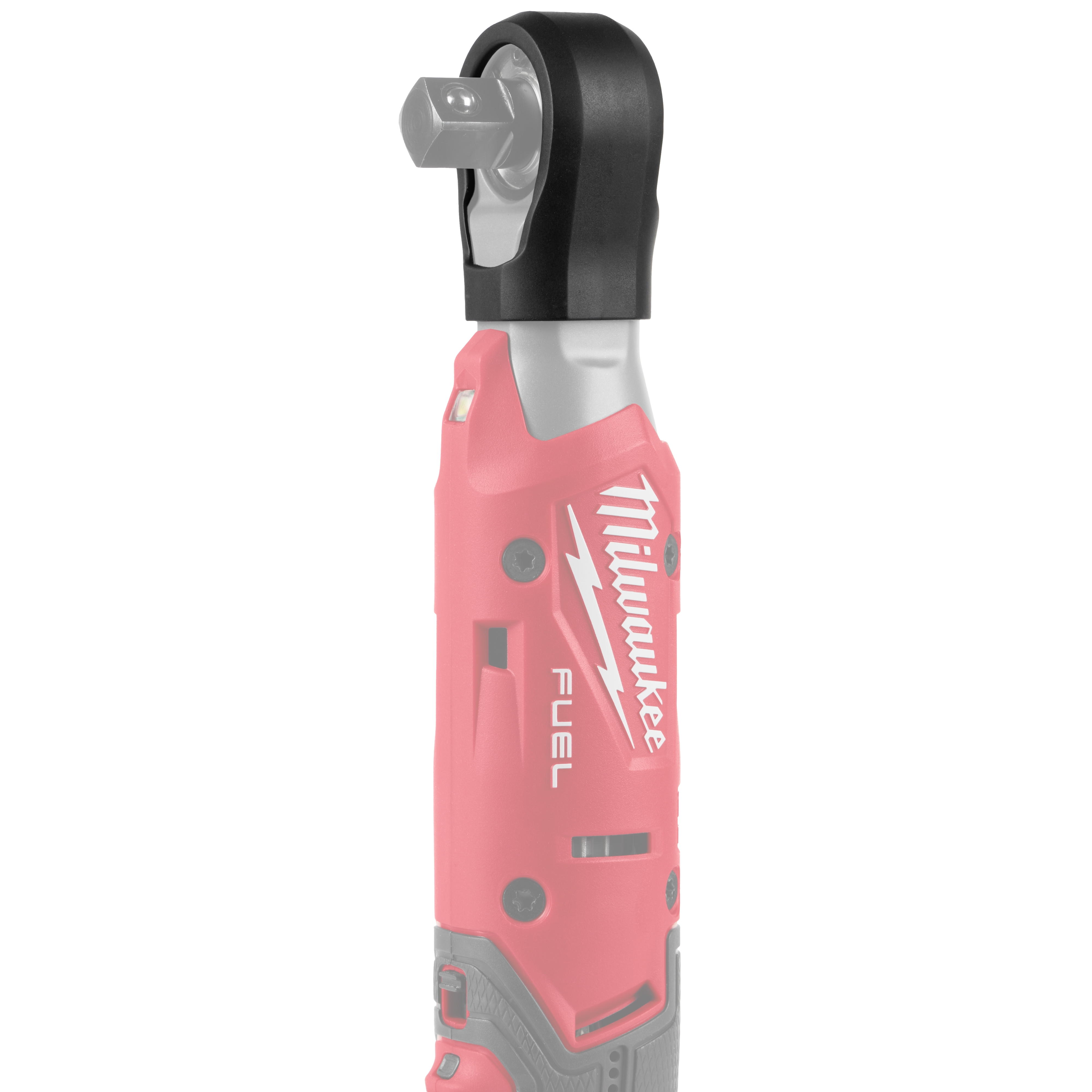 The M12 FUEL™ ½” Ratchet Protective Boot is displayed on a red ratchet tool. The durable, flexible rubber boot covers the tool's head to protect against impact and wear. The Milwaukee branding and logo are visible on the handle. The boot fits snugly over the ratchet to ensure longevity.