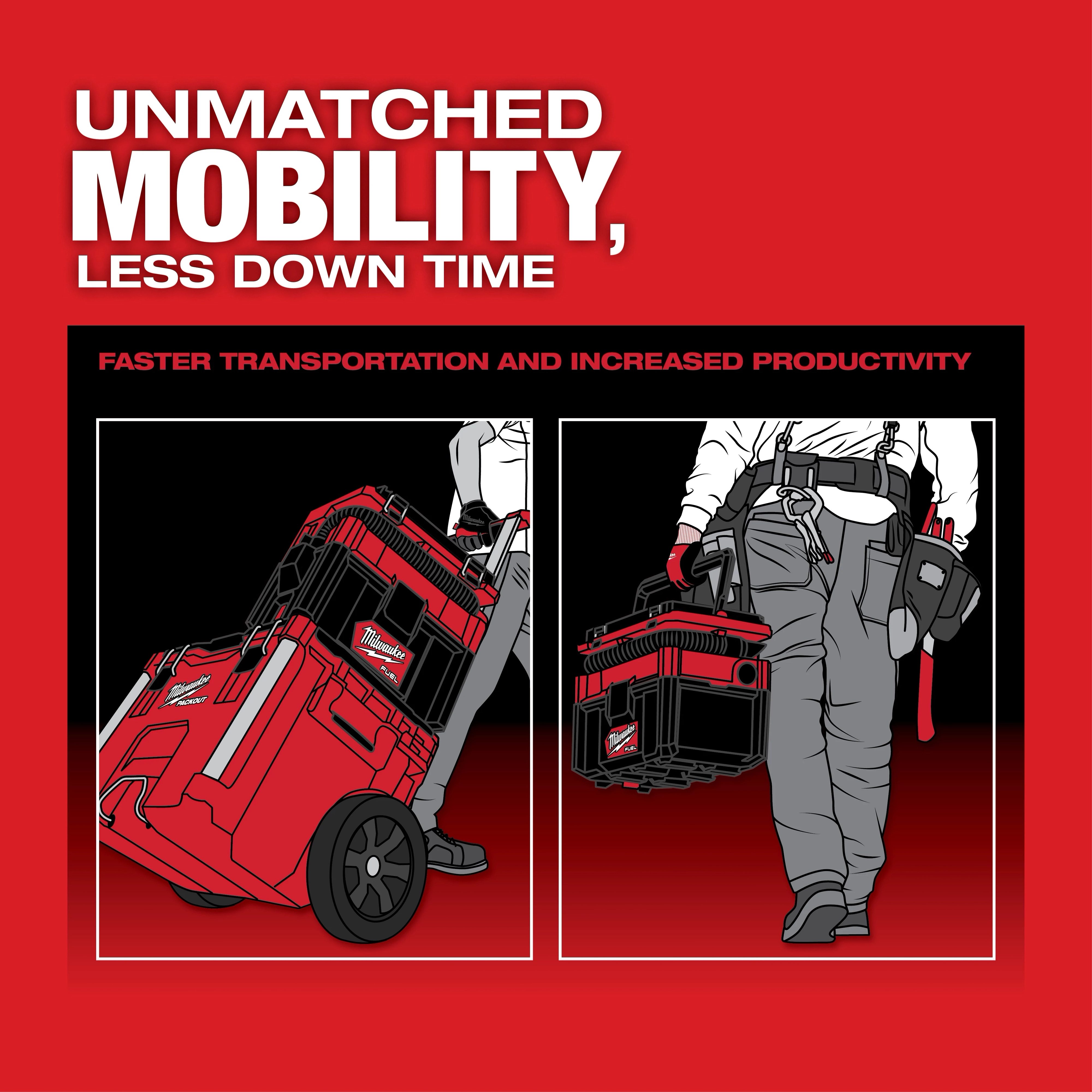 Red and black poster showcasing the M18 FUEL PACKOUT 2.5 Gallon Wet/Dry Vacuum being wheeled and carried by a person.