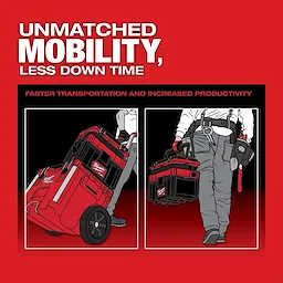 Red and black poster showcasing the M18 FUEL PACKOUT 2.5 Gallon Wet/Dry Vacuum being wheeled and carried by a person.