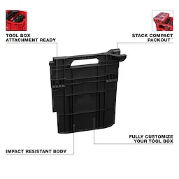 Divider for PACKOUT XL Crate shown upright with handle cutout and text callouts highlighting its toolbox features.