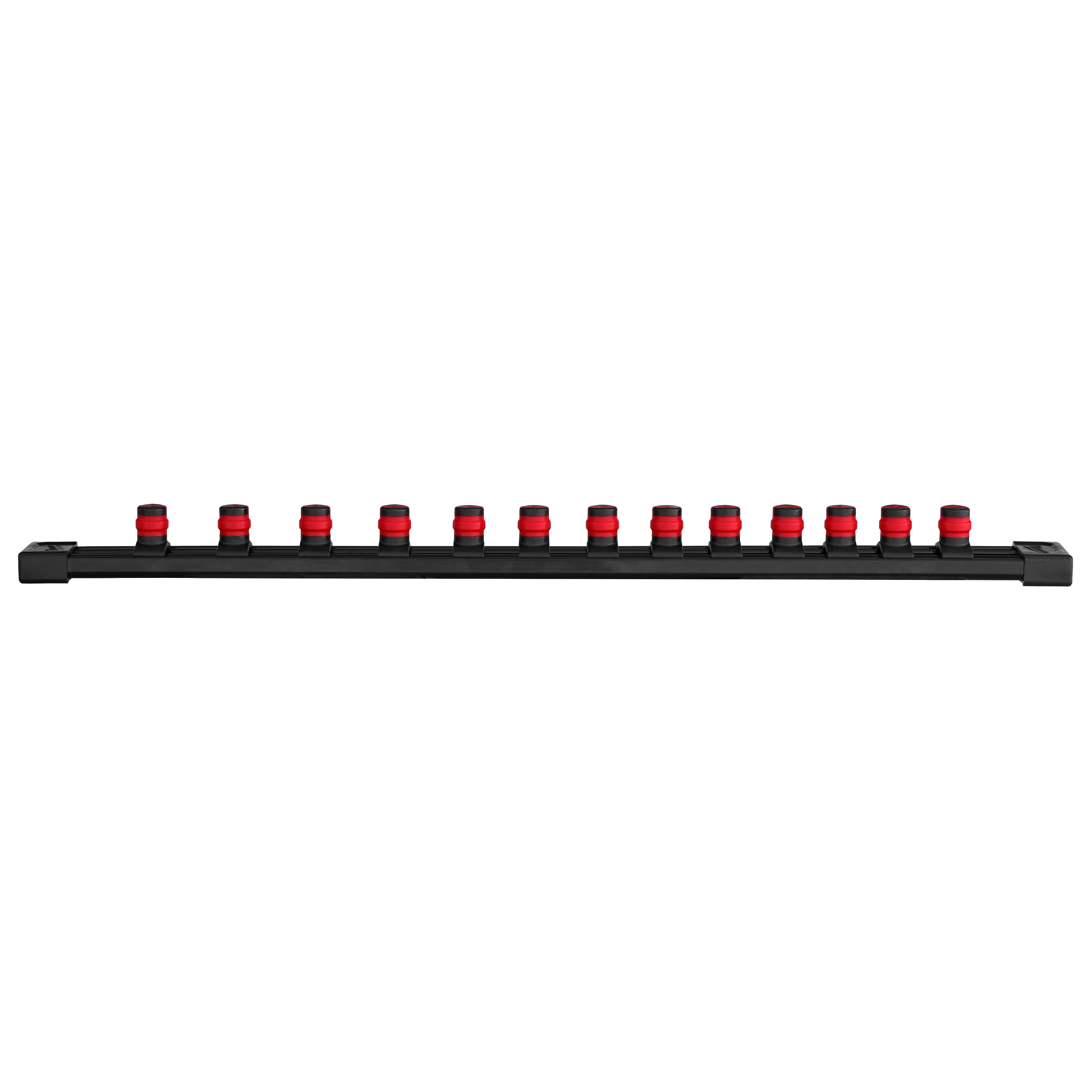 A 13pc 1/2” Drive 12-Point Deep Well Metric Socket Set is displayed. Thirteen sockets with red tops are arranged in a row on a black socket rail organizer.