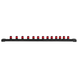 A 13pc 1/2” Drive 12-Point Deep Well Metric Socket Set is displayed. Thirteen sockets with red tops are arranged in a row on a black socket rail organizer.