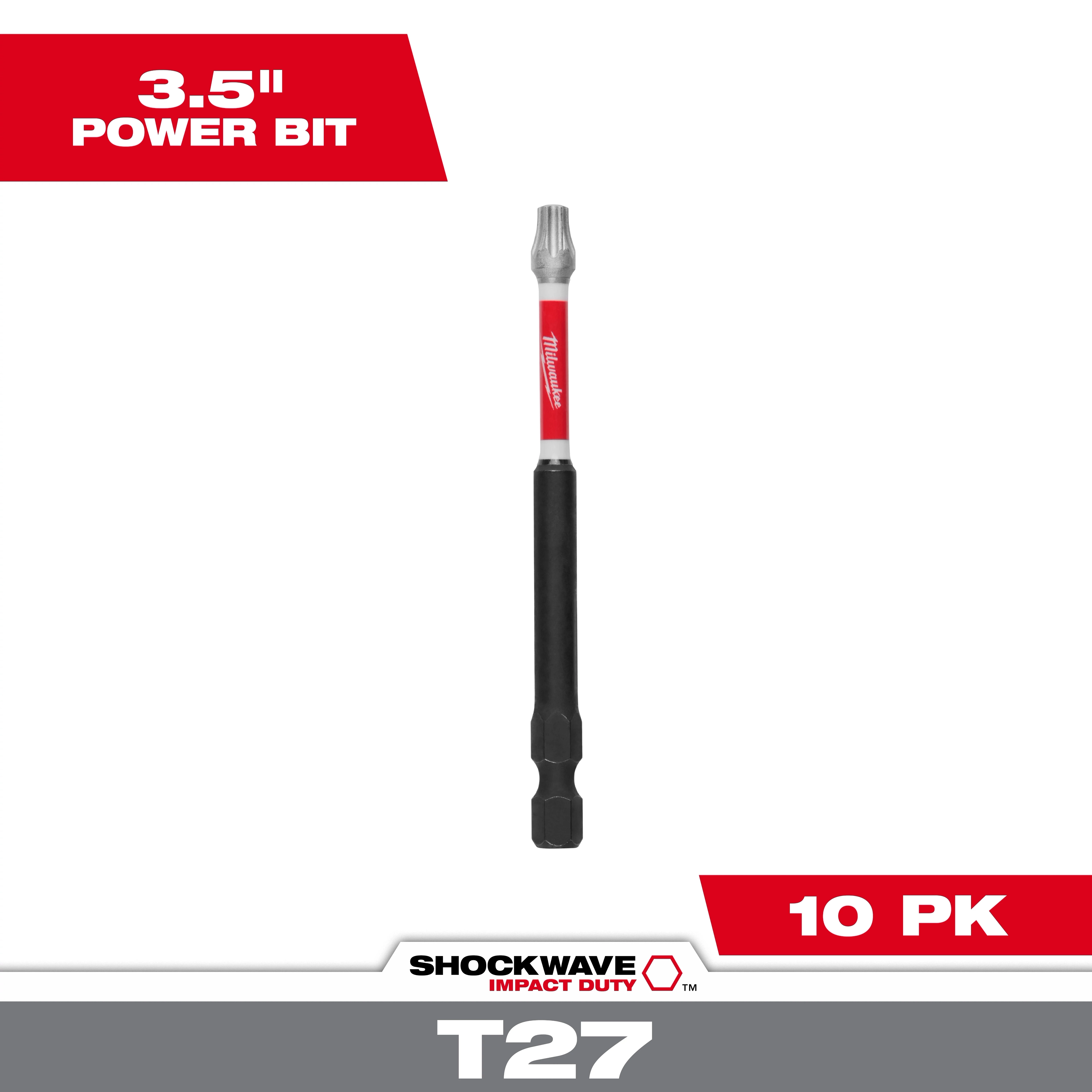 The image shows a SHOCKWAVE™ Impact Duty 3-1/2" TORX® T27 Power Bit. The bit is black with a red and silver shaft. The packaging indicates it is a 10-pack.