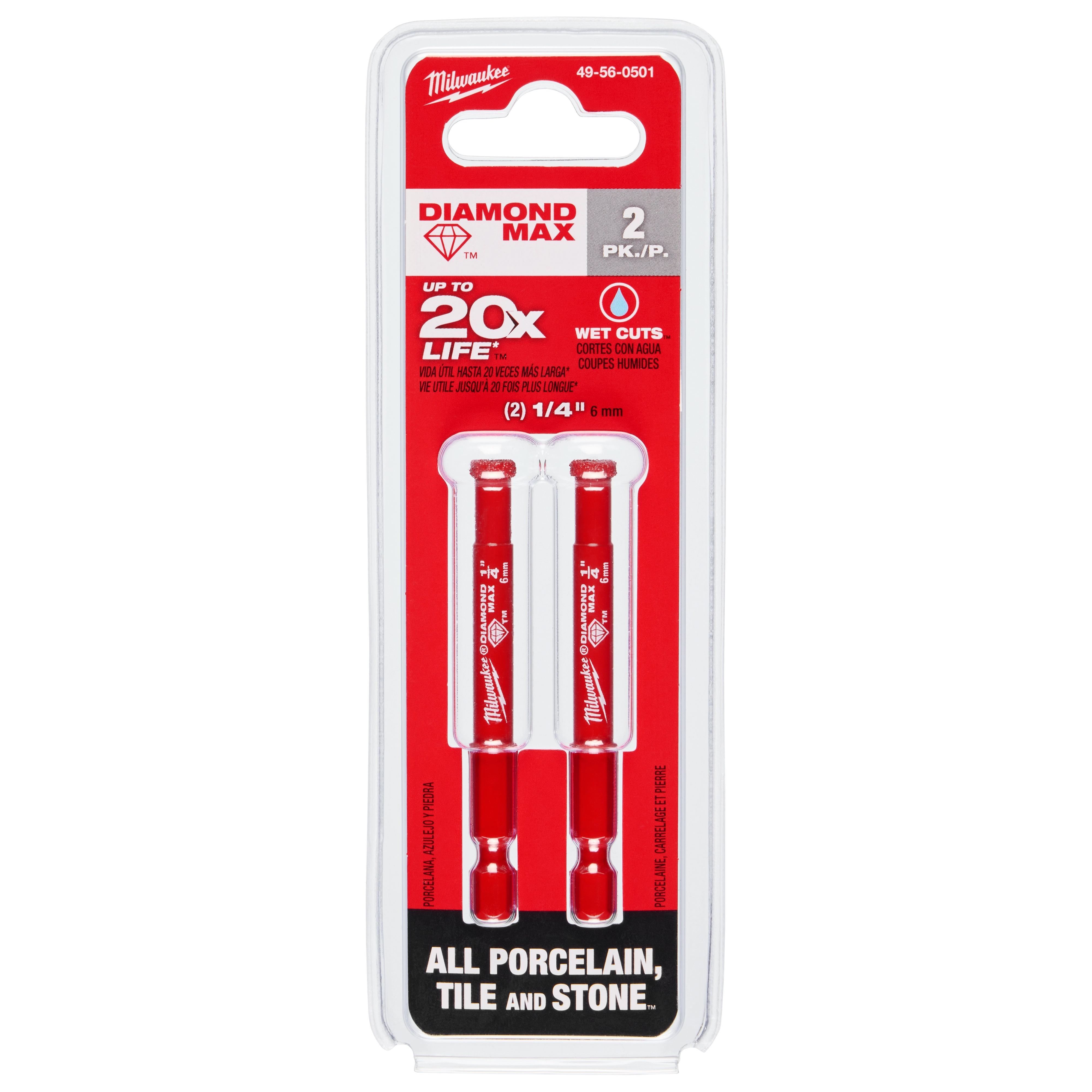 Diamond Max 1/4" Diamond Grit Hole Saw 2 PK in red packaging for cutting porcelain, tile, and stone, with 20x longer life claims.