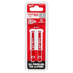 Diamond Max 1/4" Diamond Grit Hole Saw 2 PK in red packaging for cutting porcelain, tile, and stone, with 20x longer life claims.