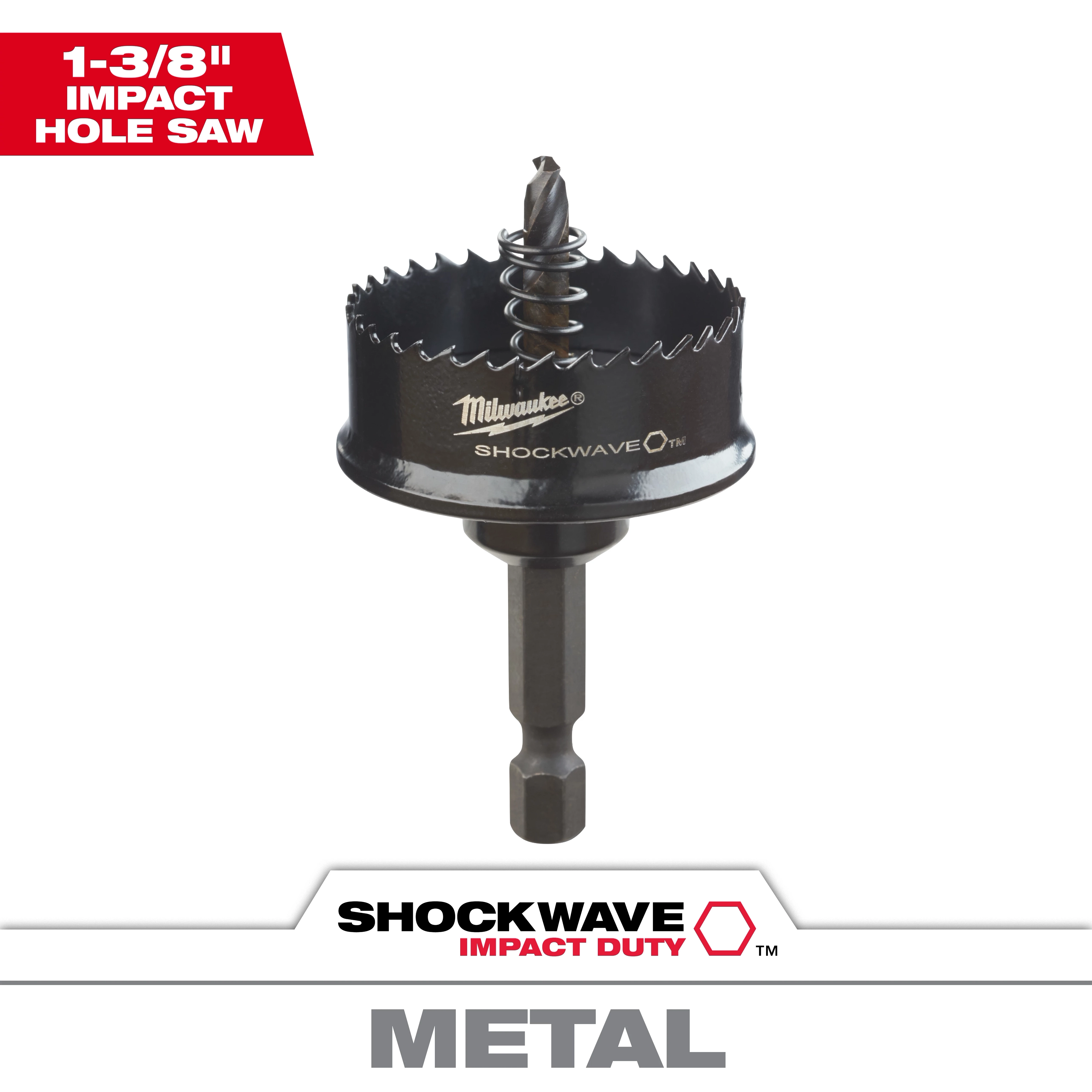 49-56-9830 Primary Image- 1-3/8" Impact SHOCKWAVE Hole Saw featuring black metal design with integrated arbor for cutting through metal.