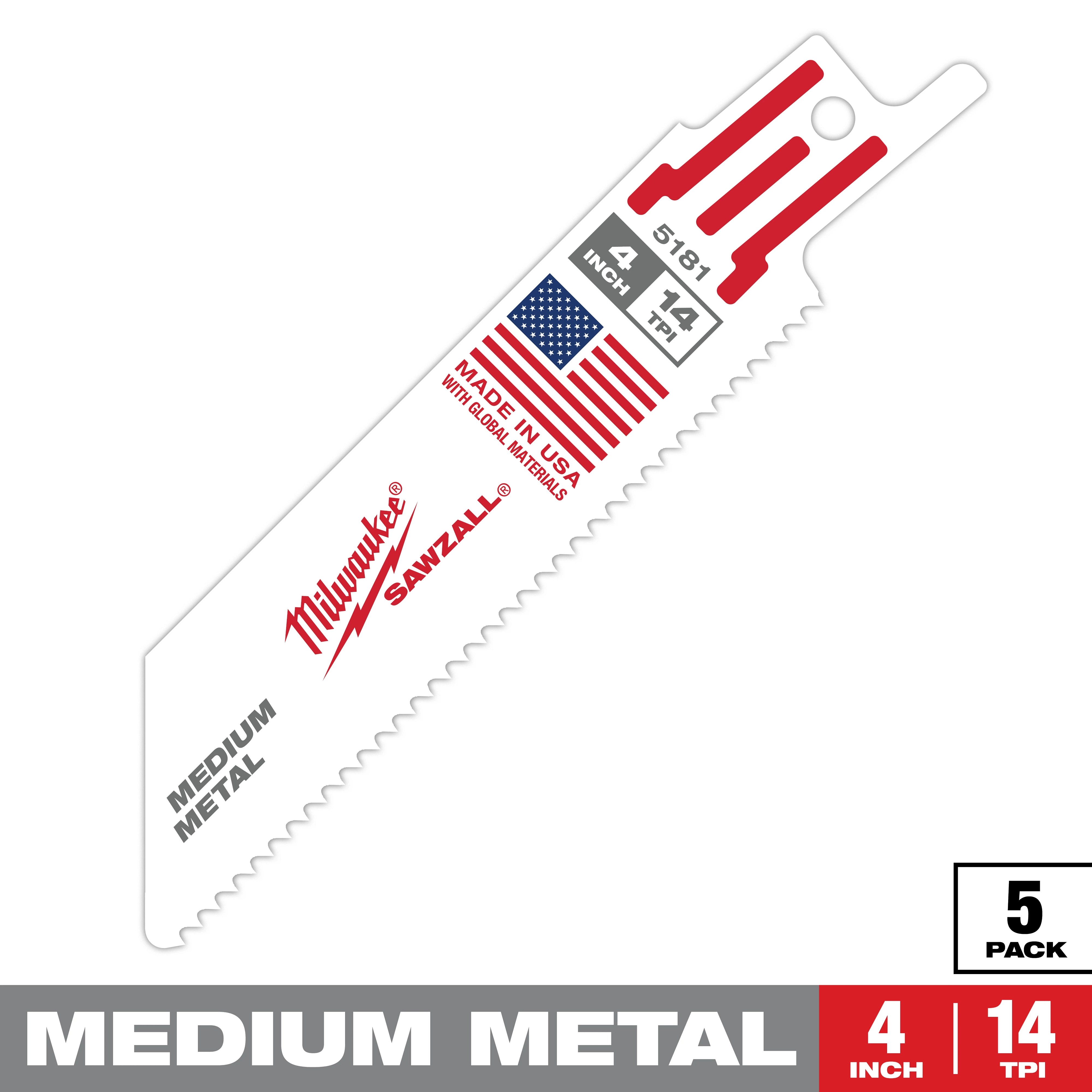 Milwaukee Sawzall medium metal blade designed for cutting medium thickness metal. Features include a 4-inch length, 14 teeth per inch, Made in USA label, and patriotic graphics. Comes in a pack of 5. Suitable for use with Milwaukee tools for efficient metal cutting.