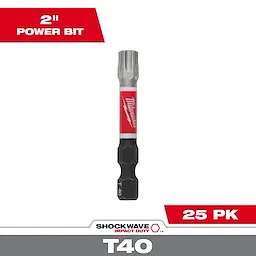 The image shows a single 2-inch TORX® T40 power bit from the SHOCKWAVE™ Impact Duty pack by Milwaukee. The bit has a silver head and black base with a red label. The packaging advertises 25 bits per pack.