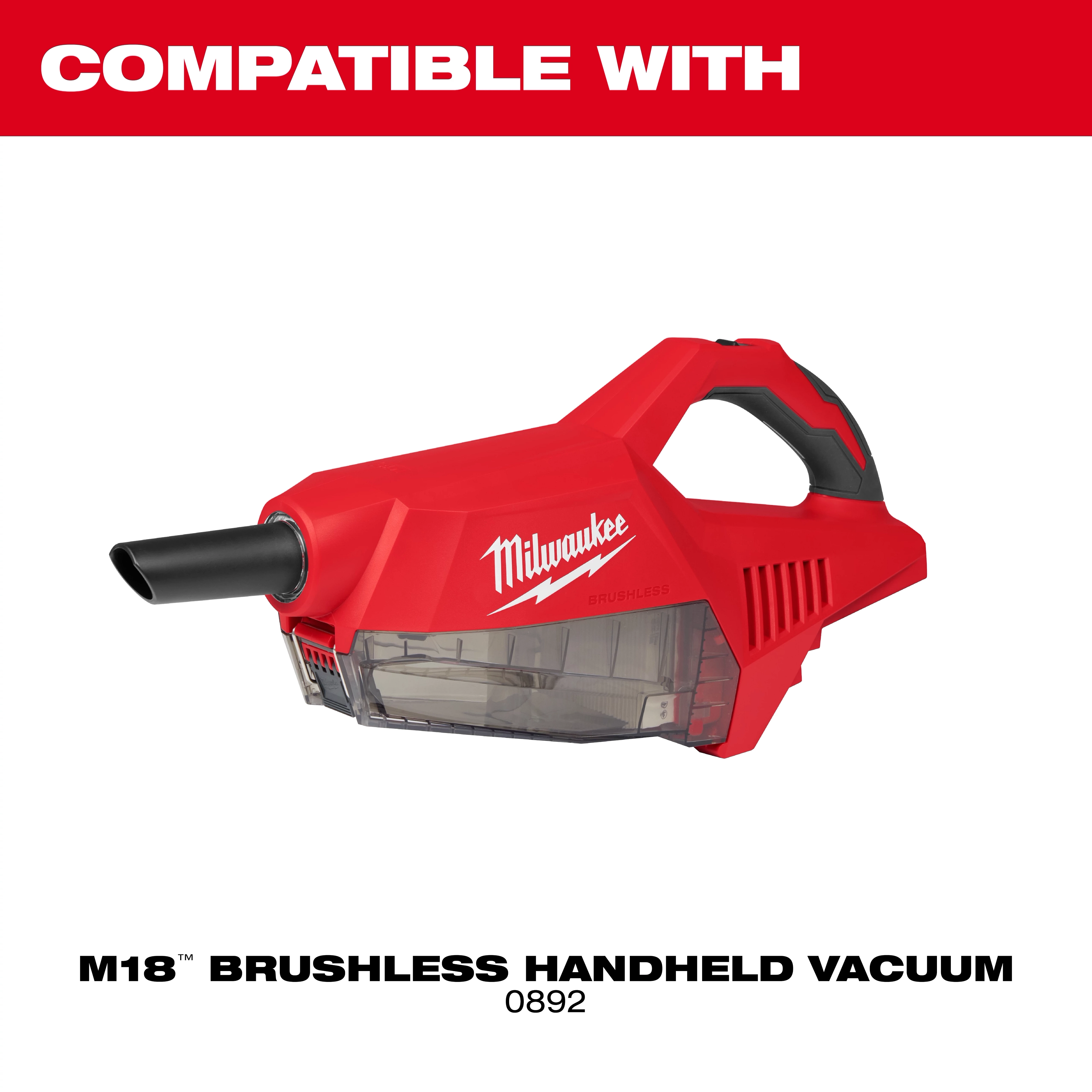 Milwaukee M18 Brushless Handheld Vacuum (model 0892) compatible with HEPA Filter, displayed in red with black nozzle and handle.